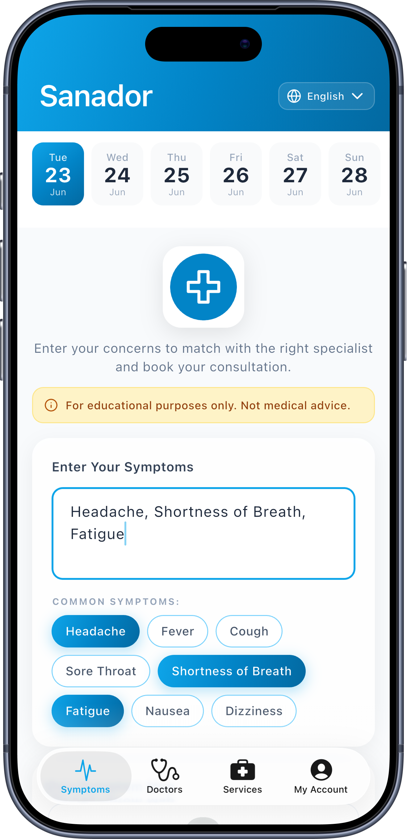 Sanador app — entering symptoms in plain language
