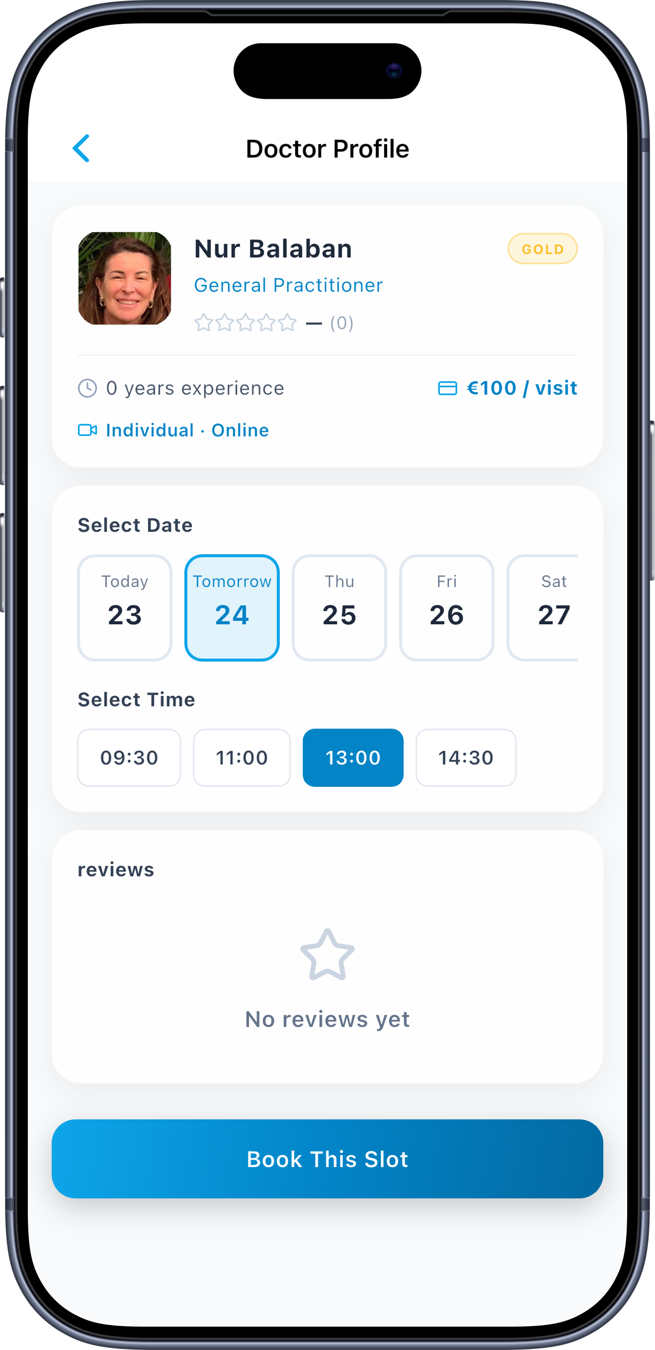 Sanador app — choosing a date and time slot to book a doctor